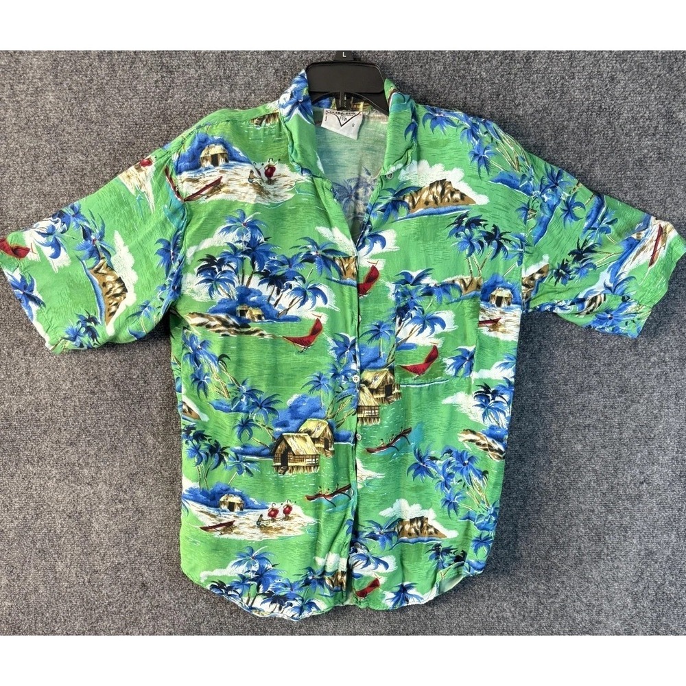 VTG Ultra Pink Button up Shirt Men's Small Green Resort Tropical Palm Tree Beach